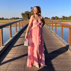 Plus Size Women's Strapless Long Chiffon <b>Dress</b> Empire Waist Ruffles Solid Color Vacation Wear Pink <b>Emerald</b> - Product Image 2