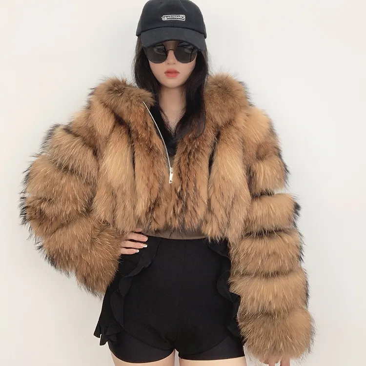 Wholesale fashion women fur jacket fluffy brown natural luxury raccoon real fur hooded coat