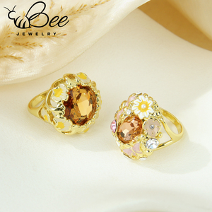Anillos de Dedo Elegantes de Lujo Retro Coloridos Esmaltados con Cristales Grandes Chapados en Oro de 14k para Mujer - Product Image 5