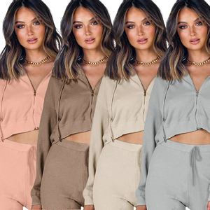 Custom Women's 2-Piece <b>Sets</b> Spring Casual Solid Color Zip-Up <b>Crop</b> <b>Top</b> Joggers Hooded Breathable Knitting Polyester Print <b>Tops</b> - Product Image 1