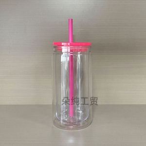 Offre Spéciale : Verre à bière double paroi de 16 oz, style globe à neige, avec couvercles à paille, bouchon à trou pré-percé, couvercles colorés, corps transparent, style DIY - Product Image 6