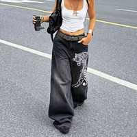 Pantalon en jean noir délavé et vieilli, coupe ample, jambe large, droit, longueur ras du sol, style American High Street, imprimé tigre blanc