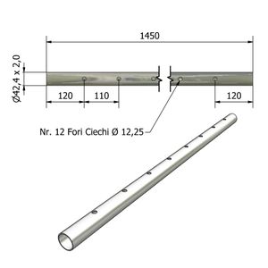 AISI 304 Satin <b>Stainless</b> <b>Steel</b> <b>Tube</b> Ø 42.4X2.0 Blind Holes Ø 12.25 Center Distance 110 L 1450mm Length GB ERW Compliant ASTM JIS - Product Image 1