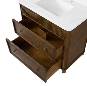 Mueble de Baño de Madera Maciza de Roble Enchapado Personalizado para Hotel, Diseño Acanalado a Rayas, Encimera de Cuarzo, Ecológico, Lavabo Individual Moderno - Product Image 6