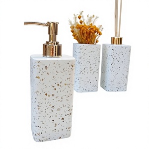 Modern Hexagonal <b>Bathroom</b> <b>Accessory</b> Set - <b>Wood</b> & Resin Composite MDF Liquid Soap Dispenser Holder - Unique Geometric Deco - Product Image 1
