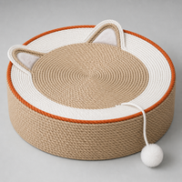 Tapis à gratter rond en sisal pour chat, tête de chat mignonne, 40 cm, en fibre de jute naturelle, avec jouet pompon pour chats