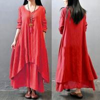 Robe longue décontractée pour femme, style musulman, unie, à simple boutonnage, ample, avec poches, en coton et lin, pour l'été