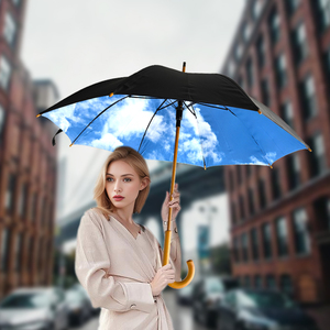 Classic and retro style heavy duty staight <b>umbrella</b> wooden handle wood shaft Blue sky and white clouds pattern print inside - Product Image 4