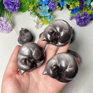 Figura de Gato Tallada en Piedra de Cristal para Sanación, con Brillo Plateado Natural, Obsidiana, Gato Durmiente - Product Image 1