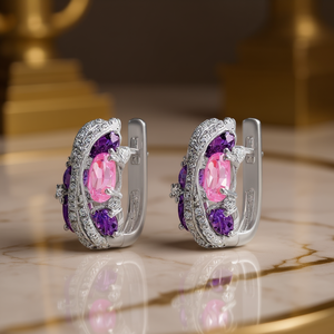 Orecchini a cerchio viola E2049 placcati argento con pietre rosa e viola taglio ovale, gioielli da festa da donna, stile romantico - Product Image 2
