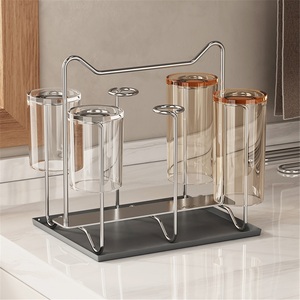 304 Stainless Steel Modern Single Tier Wall Mounted Cup Holder <b>Rack</b> with Drain and Inverted Buckle Design - Product Image 4