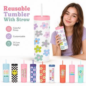 Reusable Tumbler With <b>Straw</b> Colorful Print Plastic <b>Cup</b> With <b>Lid</b> for Office Home Travel - Product Image 1