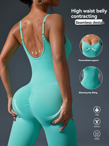 ชุดเลกกิ้งออกกำลังกายรัดรูปสีพีชสำหรับผู้หญิง ชุดจั๊มสูทโยคะฟิตเนสแบบชิ้นเดียว ชุดบอดี้สูทกีฬาสีพื้นสำหรับวิ่ง โยคะ และการฝึกซ้อม - Product Image 2