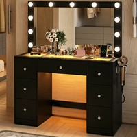 Lampes de coiffeuse LED modernes et durables avec multiprise et grands tiroirs – Table de maquillage en MDF blanc et acier inoxydable pour chambre à coucher et maison
