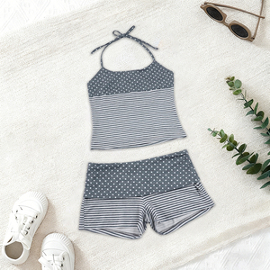 Conjunto de Dos Piezas para Mujer, Top Halter con Parches de Rayas y Puntos Grises y Pantalones Cortos de Cintura Baja, para el Hogar y Vacaciones de Verano - Product Image 6