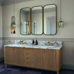 Meuble de salle de bain sur mesure en marbre blanc avec vasque, plan de toilette en pierre naturelle et meuble en bois de chêne - Product Image 4