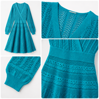 Robe longue en maille texturée bleu sarcelle pour femme, col en V, manches longues, vente en gros