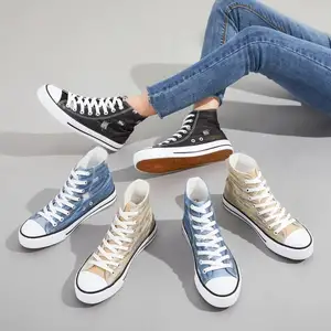 Groothandel Mode Op Maat Logo Gescheurd Denim Wandelen Tennis Custom Hoge Top Canvas Schoenen Voor Mannen Vrouwen Nieuwe Stijl