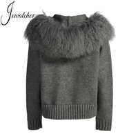 Jxwatcher Luxe Automne Hiver Doux Laine Tricot Manteau Moelleux Col De Fourrure De Mongolie Vente En Gros Couleur Unie Pull En Laine Personnalisé Femmes