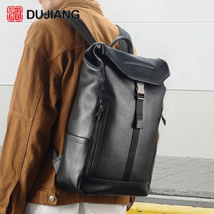 Dujiang Genuine Leather <b>Backpack</b> 15.6 Inch Unisex Large Capacity Business Commuting Laptop Bag Solid Color <b>Black</b> - Product Image 1