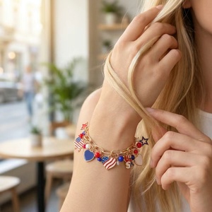 American Independence Day USA Flag Jewelry Sets for Women ,Holiday Colorful Enamel Heart Pentagram Pendant Earrings <b>Bracelet</b> - Product Image 2