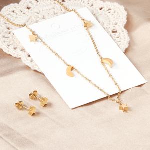 Ensemble de bijoux populaire de haute qualité et pas cher, collier et boucles d'oreilles en acier inoxydable plaqué or avec pendentif étoile et lune pour femmes - Product Image 2