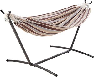 <span class=keywords><strong>Hamac</strong></span> <span class=keywords><strong>double</strong></span> robuste de 450 lb de capacité (rayures beiges) avec support en acier de 9 pieds et sac de transport <span class=keywords><strong>pour</strong></span> le camping, la randonnée, toutes saisons - Product Image 1
