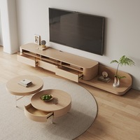 Ensemble Meuble TV et Table Basse en Bois Naturel de Luxe Moderne, Design Décalé, Bords Arrondis, Console Multimédia Japandi pour Salons