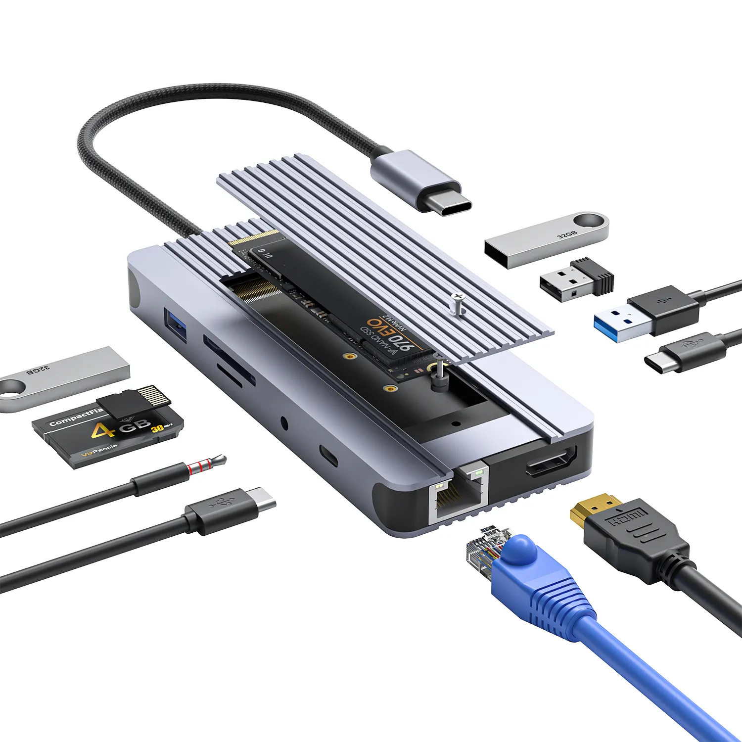 12in1 USB C רכזות סוג C תחנת עגינה עם M.2 NVME SSD מארז כרטיסים קורא RJ45 Ethernet HDMI מתאם 3.5 מ""מ שקע שמע