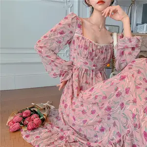 Groothandel Trendy Dames Lange Mouw Vierkante Kraag Maxi Plus Size Casual Jurken Vrouwen Parel Knoppen Rose Bloemen Jurk L79