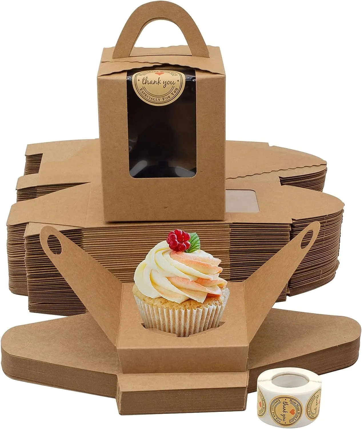 Groothandel Custom Logo Gedrukt Individuele Mini Food Graad Geschenk Kraftpapier Raamgat Cup Cake Verpakking Cupcake Doos