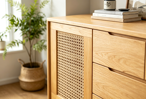 Modern Solid Wood Living Room Cabinet with 3 Drawers and Woven Panel Doors Scandinavian Design Storage Furniture - Product Image 5
