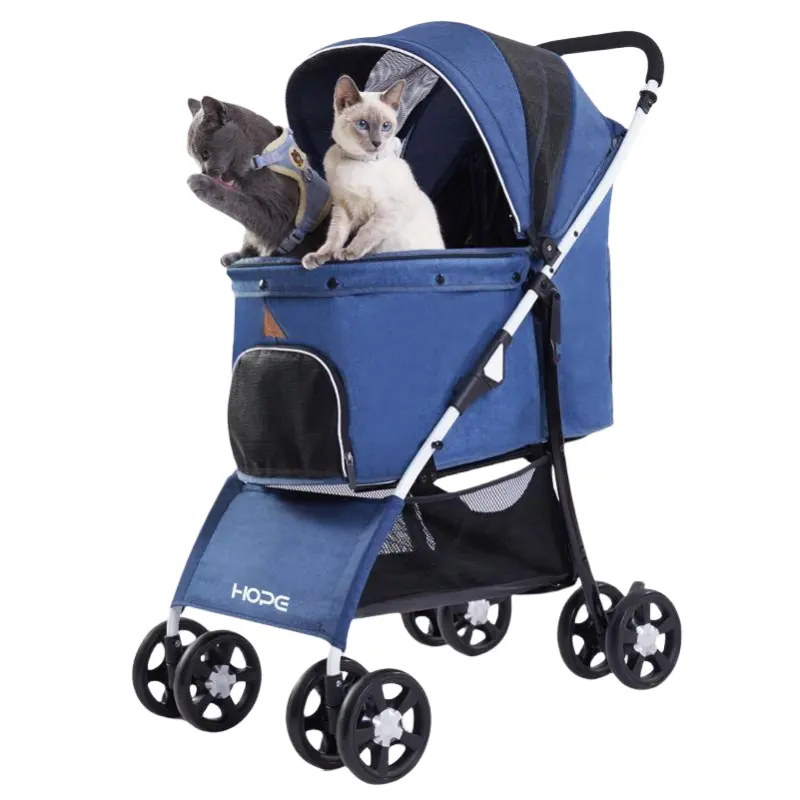 Vente en gros, fabricant, poussette de voyage pliante pour animaux de compagnie, poussette à quatre roues avec panier