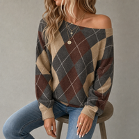 Pull en tricot à motif Argyle pour femmes Joydressing, coupe décontractée, manches longues, pour la vente en gros aux boutiques