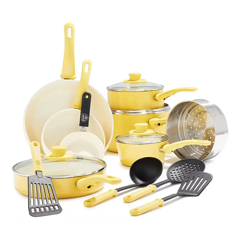 大きな割引セラミックノンスティック調理器具セットノンスティックコーティングされた鍋とフライパンの黄色のセット
