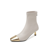 Eleganti Stivali in Vera Pelle di Vacchetta per Donne, Stivali da Donna alla Moda con Punta Quadrata in Metallo Dorato e Tacco Alto Sottile
