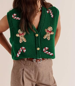 Chaleco de suéter navideño feo para mujer, 100% algodón, cárdigan de punto, diseño personalizado de jengibre y bastones de caramelo, para fiestas navideñas, suéter de Navidad, venta al por mayor - Product Image 3