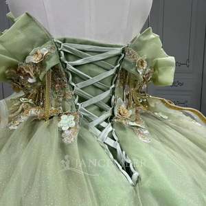 Vestidos de Quinceañera Verde Salvia con Dorado para Niña, con Lentejuelas, Plisado, Hombros Descubiertos, Estilo Princesa Verde Lsmu132 - Product Image 6