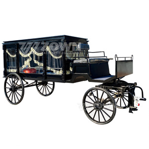Cercueil funéraire vintage noir simple avec quatre grandes roues en bois et siège conducteur confortable pour la procession funéraire d'église - Product Image 1