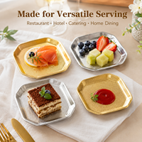 Plat de service carré octogonal martelé en acier inoxydable style coréen, finition or/argent, compatible lave-vaisselle, pour la restauration (vente en gros)
