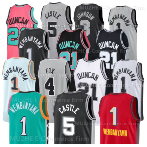 Maillots de basket-ball de haute qualité 2026 1 # Maillots brodés personnalisés Victor Wembanyama 5 Castle 21 Duncan 4 Fox avec logo cousu - Product Image 1