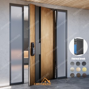 Porte d'entrée moderne en aluminium noir avec inserts en verre horizontaux et panneaux latéraux fixes doubles - Product Image 6