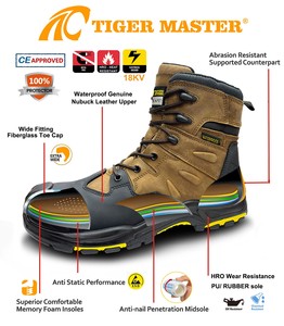 Chaussures de sécurité électriques imperméables Tiger Master en cuir nubuck, semelle en caoutchouc PU HRO, embout en fibre de verre, anti-perforation, isolation 18kV - Product Image 6