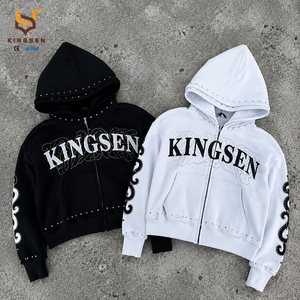 เสื้อฮู้ดดี้ผู้ชายแบบหนาพิเศษ 400gsm สไตล์สตรีทแวร์ ล้างสีแบบแอซิดวอช ซันเฟด ดีไซน์ขาดๆ ทรงบ็อกซี่ ครอป แต่งคริสตัล ซิปหน้า - Product Image 1