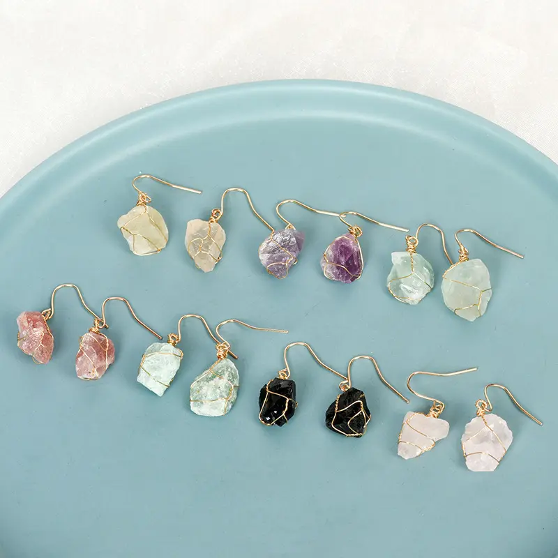 Wholesale Raw Natural Stone Gold Plated Handmade Wire Wrapped Gemstone Crystal Drop Earrings