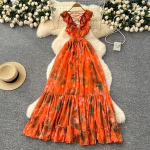 Urban 3D flor cuello en V estampado largo mujer vestido 2025 verano Sexy sin mangas espalda descubierta vestido femenino con cordones señora vestidos de noche - Product Image 4