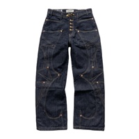 Jean en denim pour homme, hiver, vintage, indigo foncé, brut, avec coutures géométriques en arc sur toute la surface, fermeture à boutons en cuivre, rivets métalliques, coupe large