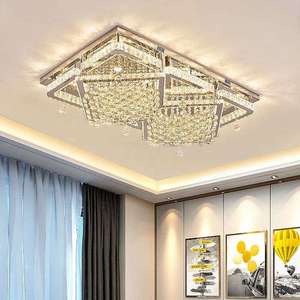 Lustre rectangulaire en cristal de style européen, plafonnier LED pour salon, grande taille, base en métal, couvercle en verre, blanc chaud - Product Image 6