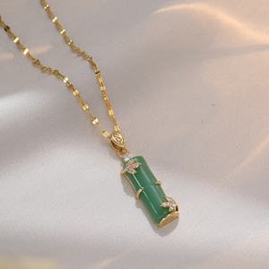 Cadena de Acero Inoxidable con Colgante de Jade Natural en Forma de Bambú, Cadena de Clavícula Vintage con Colgante de Jade Verde en Forma de Bambú - Product Image 4