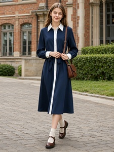 Nuovo <span class=keywords><strong>Abito</strong></span> <span class=keywords><strong>Camicia</strong></span> da Donna Autunnale Blu Navy con Colletto a Contrasto, Bottoni Frontali, Maniche Lunghe, Cintura in Vita, Vestito Casual a Linea A <span class=keywords><strong>Midi</strong></span> - Product Image 5